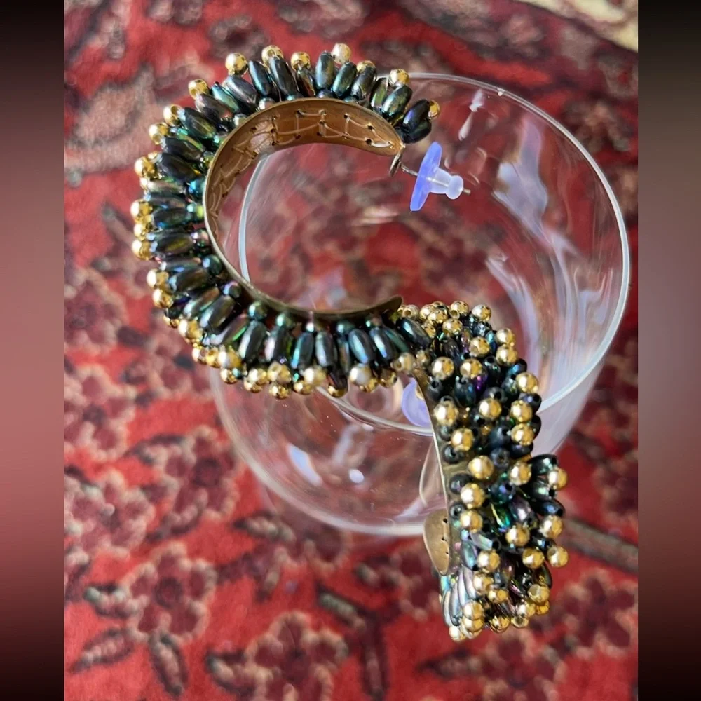 Vintage Statement Openwork Beaded AB Gold 60s 70s Disco Beaded Half Hoop Earring - Picture 6 of 9
